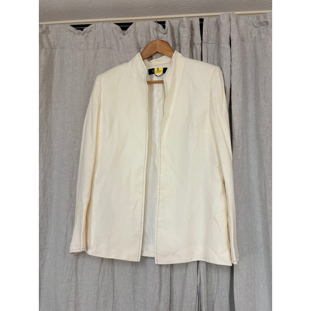 Kasper Ivory Linen Blend Open Front Blazer Contrast Stitching Mandarin Collar 8